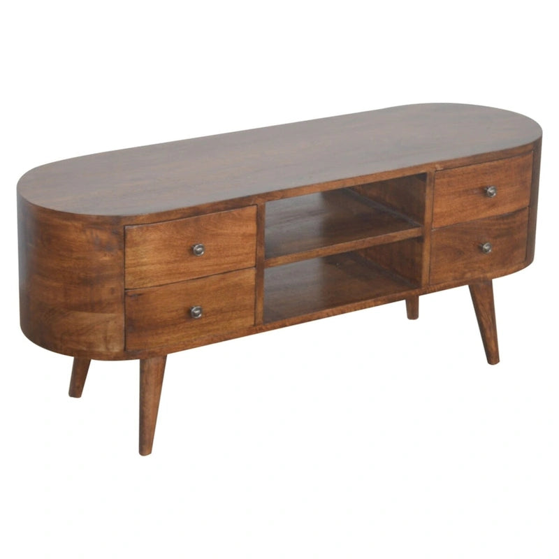 Chestnut Rounded Entertainment Unit with Storage Shelves for Living Room