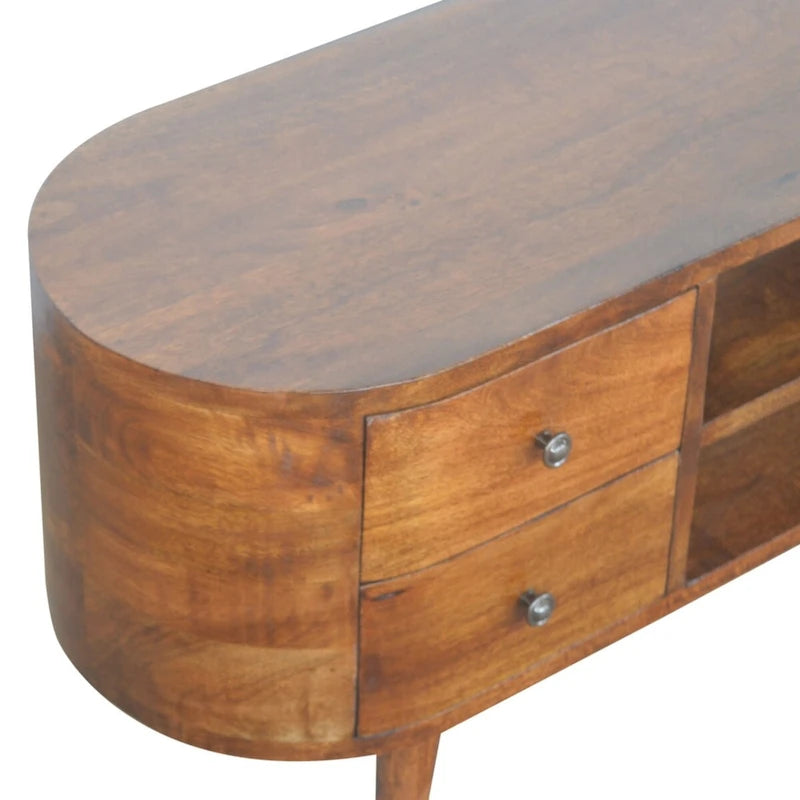 Chestnut Rounded Entertainment Unit with Storage Shelves for Living Room
