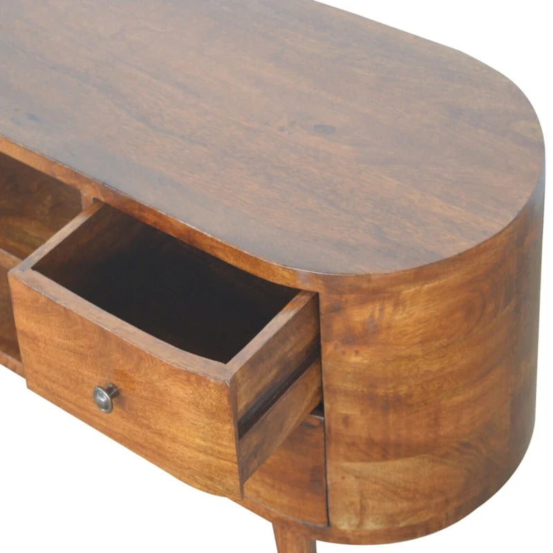 Chestnut Rounded Entertainment Unit with Storage Shelves for Living Room