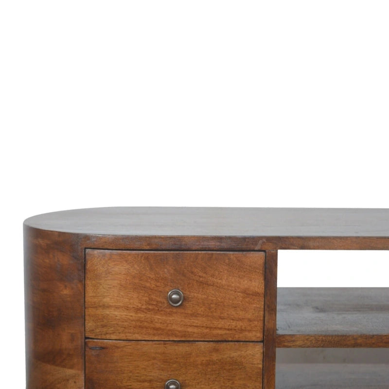 Chestnut Rounded Entertainment Unit with Storage Shelves for Living Room