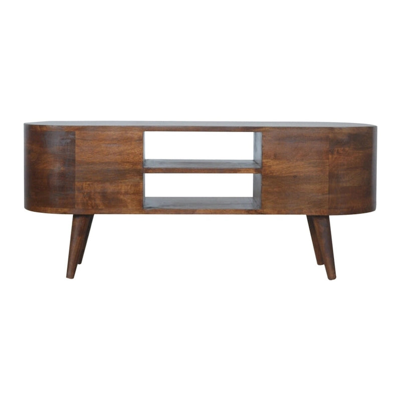 Chestnut Rounded Entertainment Unit with Storage Shelves for Living Room
