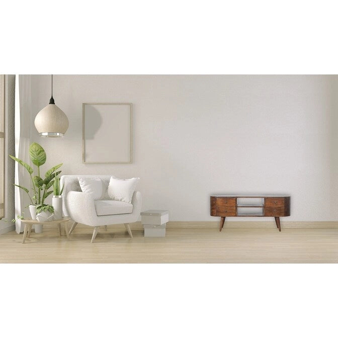 Chestnut Rounded Entertainment Unit with Storage Shelves for Living Room