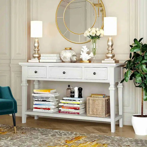 Table console classique de style rétro de 50L avec trois tiroirs supérieurs et une étagère inférieure ouverte (gris délavé)