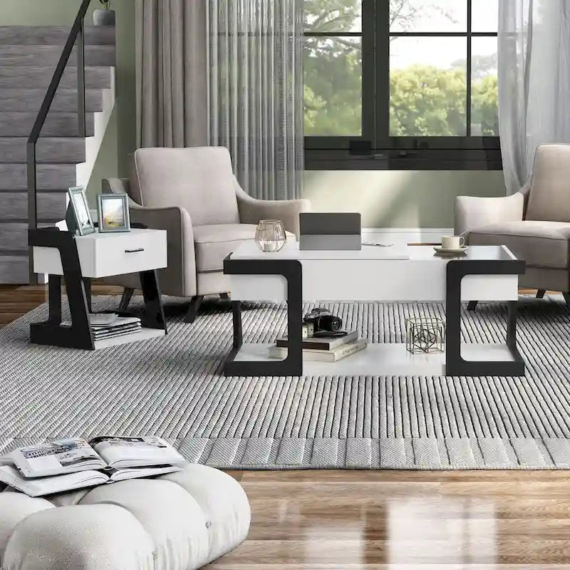 2-Piece Modern White Lift-top Coffee Table and End Table Set