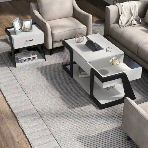 2-Piece Modern White Lift-top Coffee Table and End Table Set