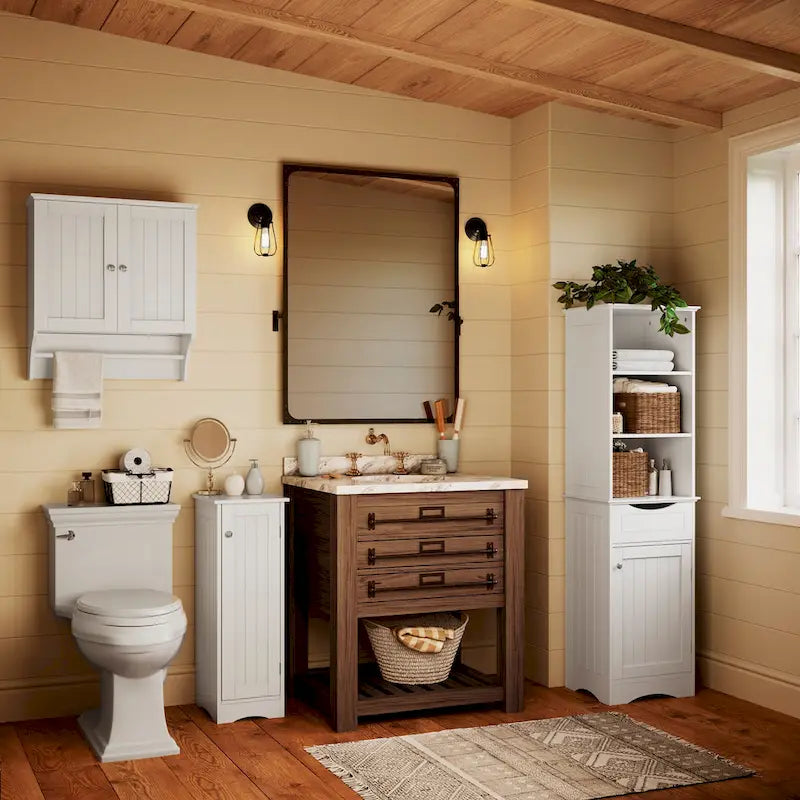 Single Door Narrow Bathroom and Laundry Storage Cabinet with Adjustable Shelves - White