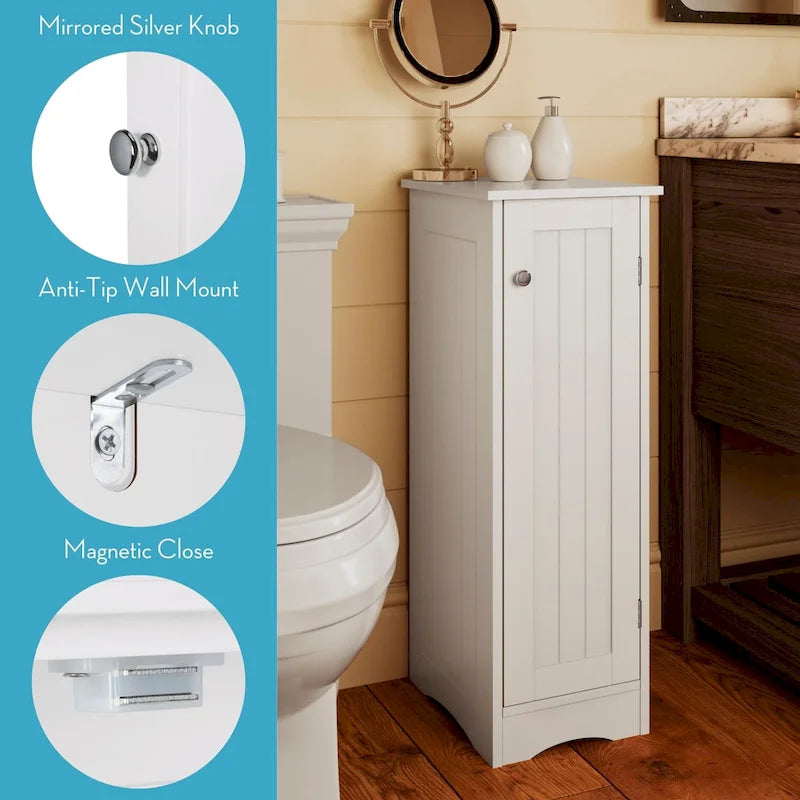 Single Door Narrow Bathroom and Laundry Storage Cabinet with Adjustable Shelves - White