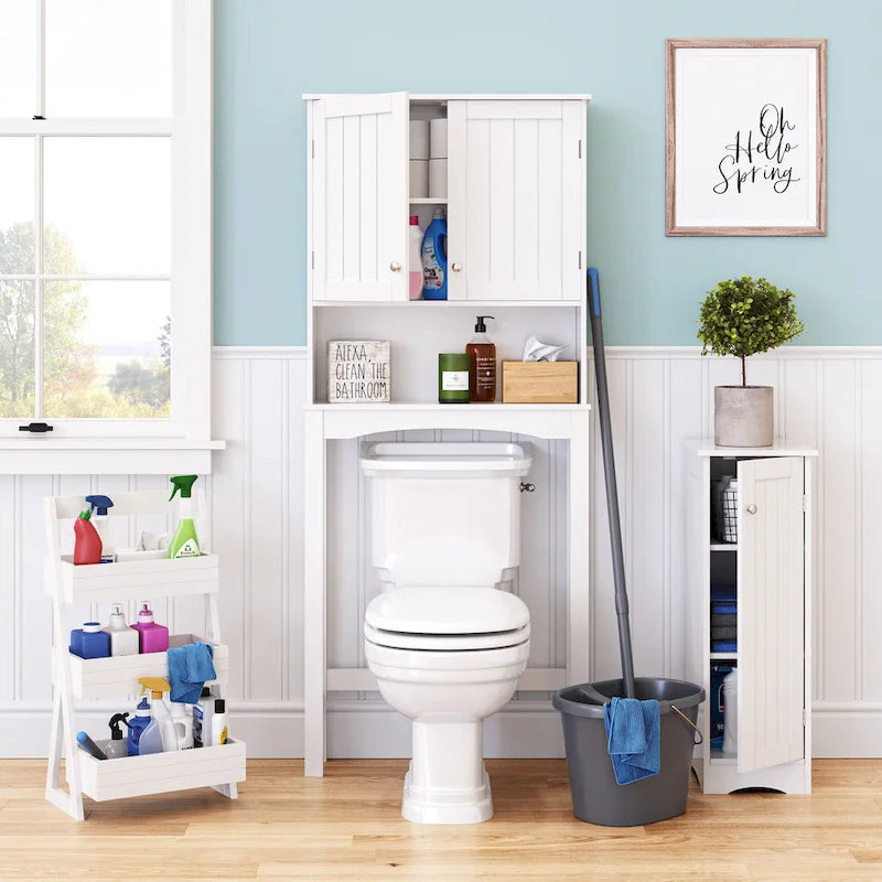 Single Door Narrow Bathroom and Laundry Storage Cabinet with Adjustable Shelves - White