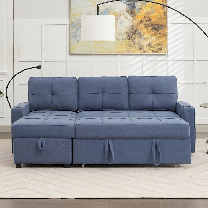 Linen Sleeper Sofa with Push-out Sofa Bed, Extra Storage Space, Phone Holder & USB Charger