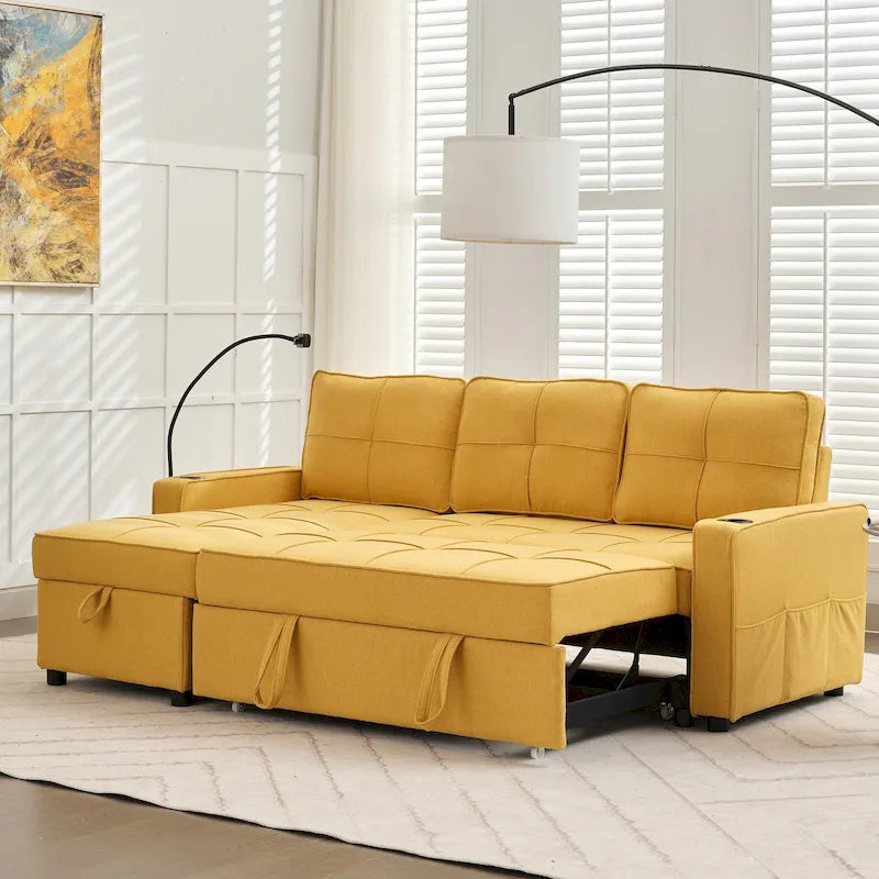Linen Sleeper Sofa with Push-out Sofa Bed, Extra Storage Space, Phone Holder & USB Charger