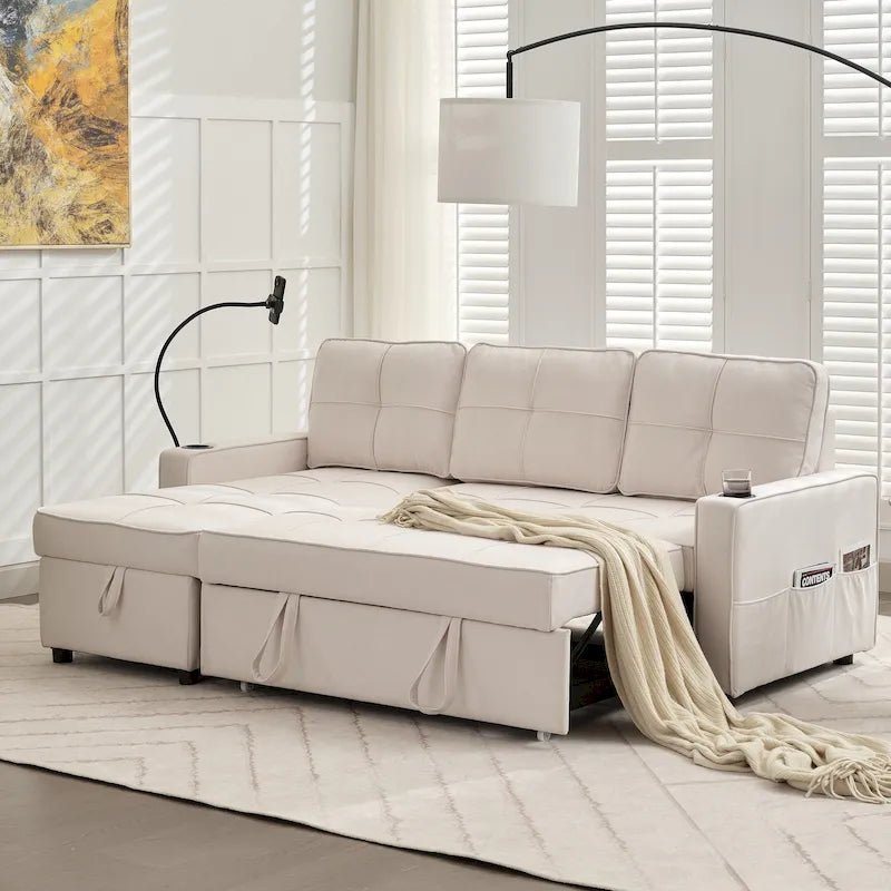 Linen Sleeper Sofa with Push-out Sofa Bed, Extra Storage Space, Phone Holder & USB Charger