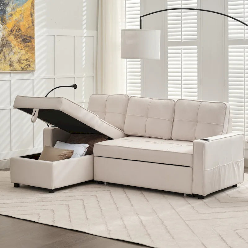 Linen Sleeper Sofa with Push-out Sofa Bed, Extra Storage Space, Phone Holder & USB Charger