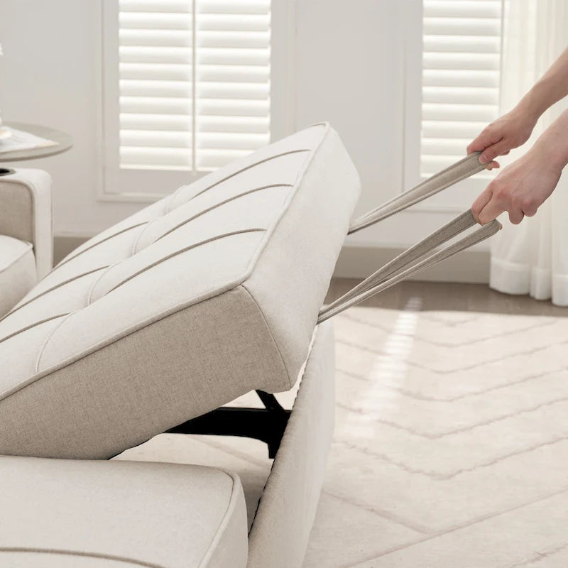 Linen Sleeper Sofa with Push-out Sofa Bed, Extra Storage Space, Phone Holder & USB Charger