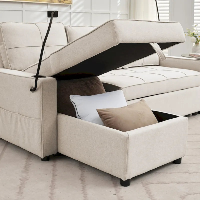 Linen Sleeper Sofa with Push-out Sofa Bed, Extra Storage Space, Phone Holder & USB Charger