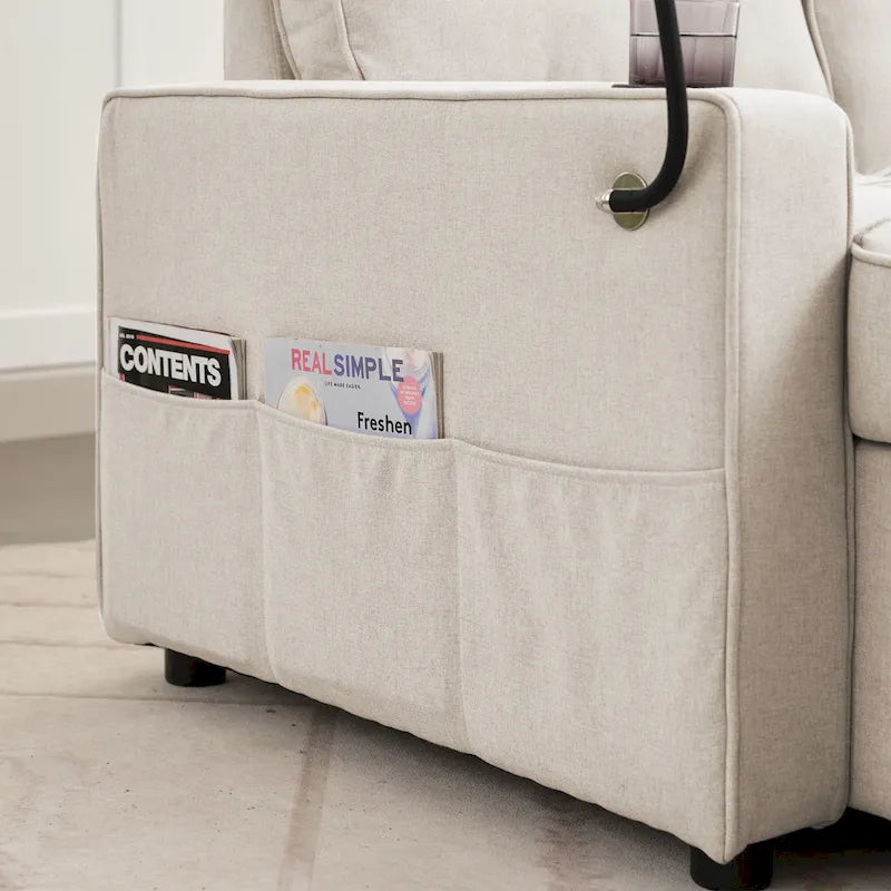 Linen Sleeper Sofa with Push-out Sofa Bed, Extra Storage Space, Phone Holder & USB Charger
