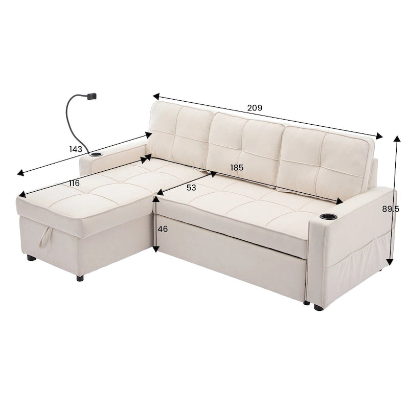 Linen Sleeper Sofa with Push-out Sofa Bed, Extra Storage Space, Phone Holder & USB Charger