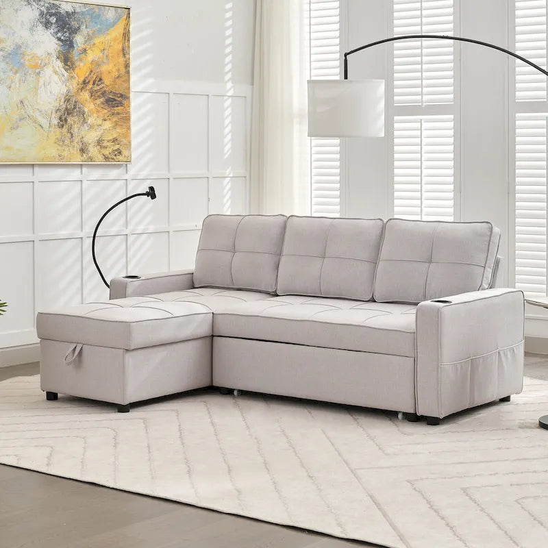 Linen Sleeper Sofa with Push-out Sofa Bed, Extra Storage Space, Phone Holder & USB Charger