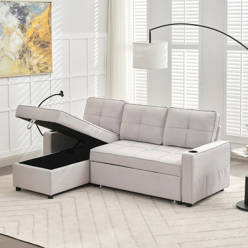 Linen Sleeper Sofa with Push-out Sofa Bed, Extra Storage Space, Phone Holder & USB Charger