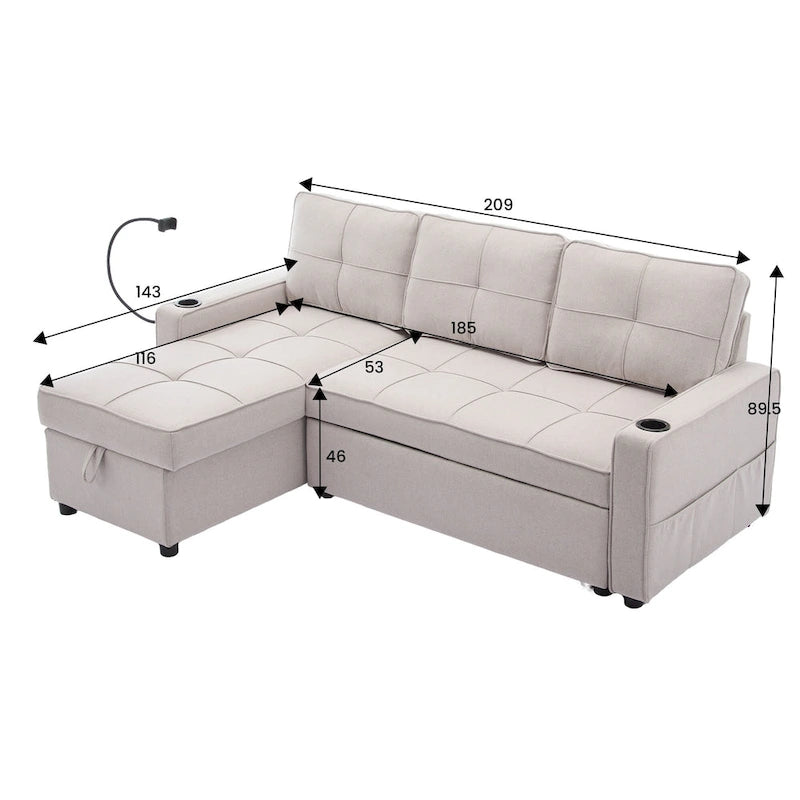 Linen Sleeper Sofa with Push-out Sofa Bed, Extra Storage Space, Phone Holder & USB Charger