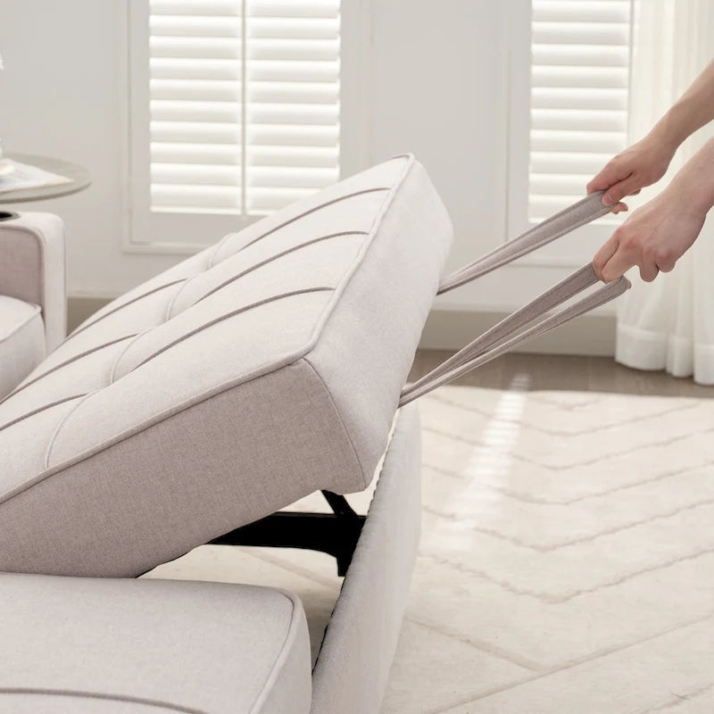 Linen Sleeper Sofa with Push-out Sofa Bed, Extra Storage Space, Phone Holder & USB Charger