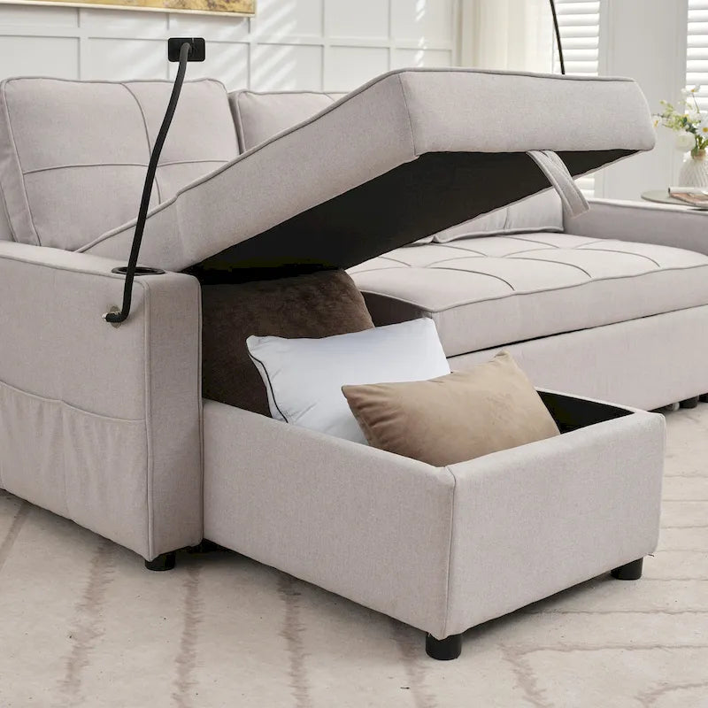 Linen Sleeper Sofa with Push-out Sofa Bed, Extra Storage Space, Phone Holder & USB Charger