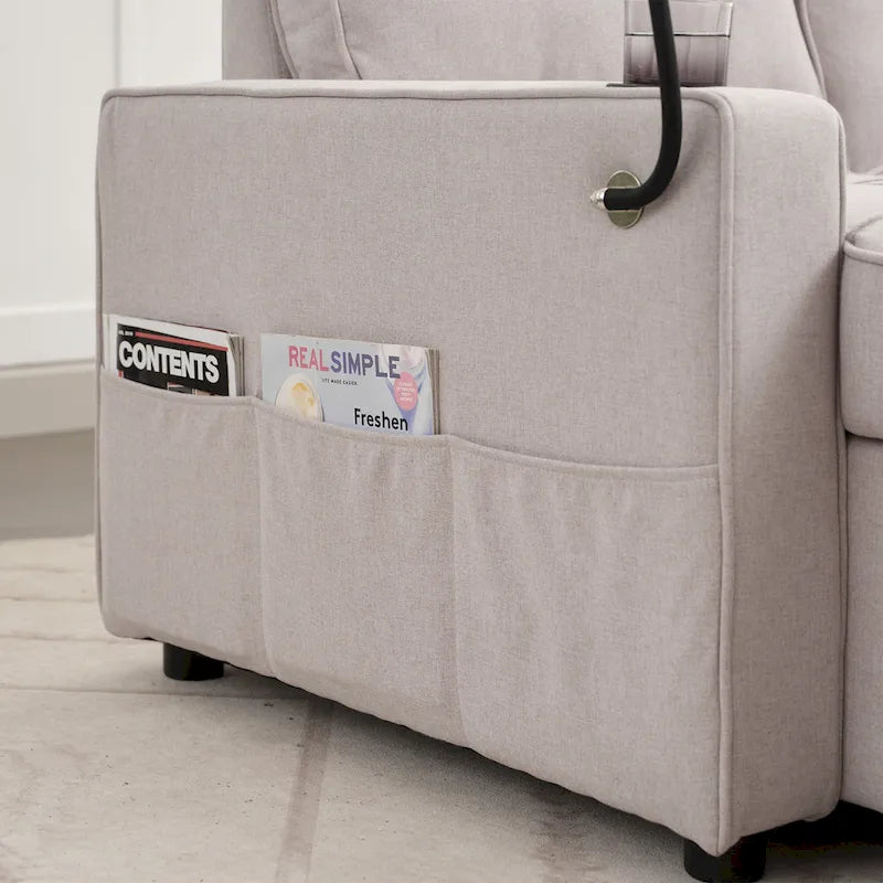 Linen Sleeper Sofa with Push-out Sofa Bed, Extra Storage Space, Phone Holder & USB Charger