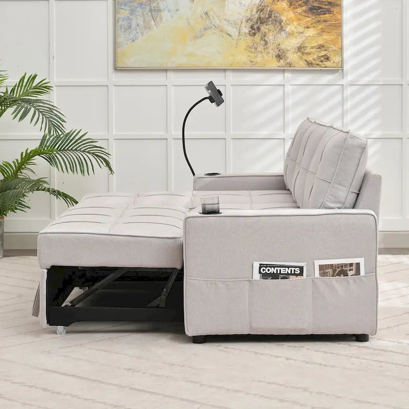 Linen Sleeper Sofa with Push-out Sofa Bed, Extra Storage Space, Phone Holder & USB Charger