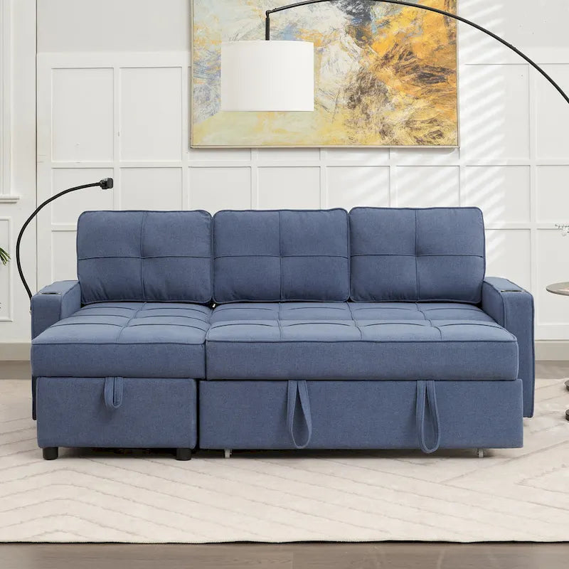Linen Sleeper Sofa with Push-out Sofa Bed, Extra Storage Space, Phone Holder & USB Charger