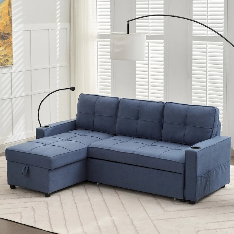 Linen Sleeper Sofa with Push-out Sofa Bed, Extra Storage Space, Phone Holder & USB Charger