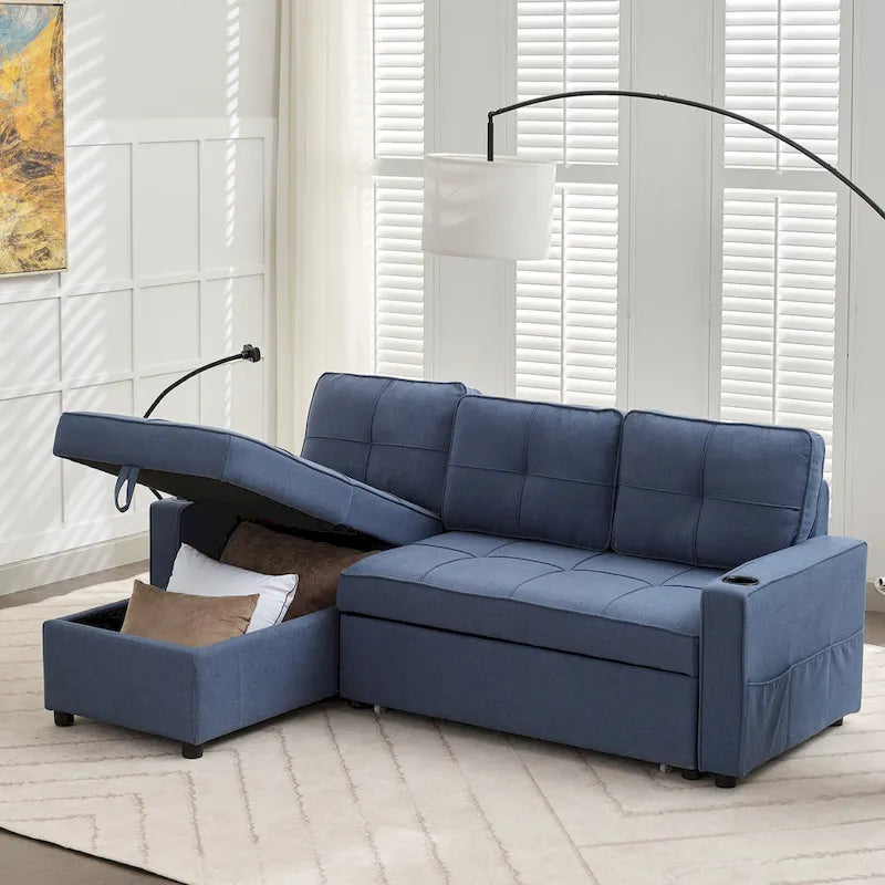 Linen Sleeper Sofa with Push-out Sofa Bed, Extra Storage Space, Phone Holder & USB Charger