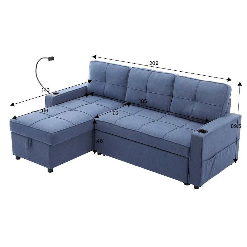 Linen Sleeper Sofa with Push-out Sofa Bed, Extra Storage Space, Phone Holder & USB Charger