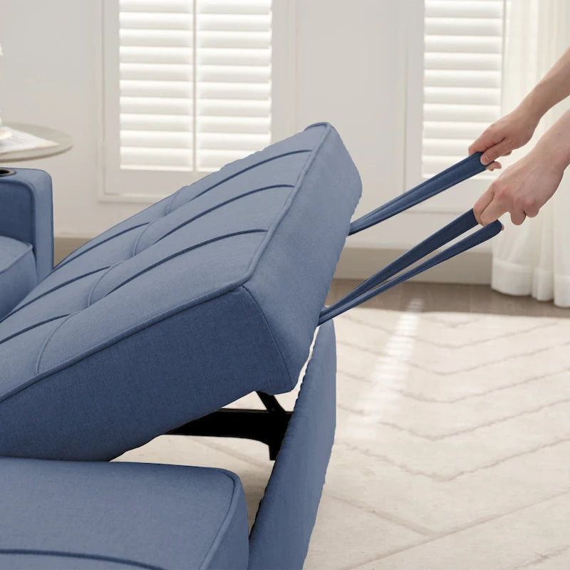 Linen Sleeper Sofa with Push-out Sofa Bed, Extra Storage Space, Phone Holder & USB Charger