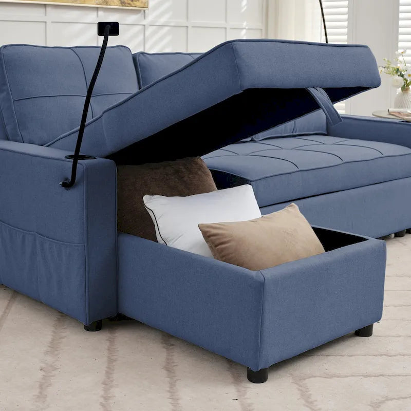 Linen Sleeper Sofa with Push-out Sofa Bed, Extra Storage Space, Phone Holder & USB Charger