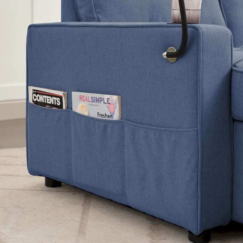 Linen Sleeper Sofa with Push-out Sofa Bed, Extra Storage Space, Phone Holder & USB Charger