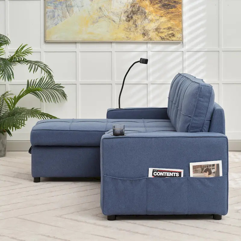 Linen Sleeper Sofa with Push-out Sofa Bed, Extra Storage Space, Phone Holder & USB Charger