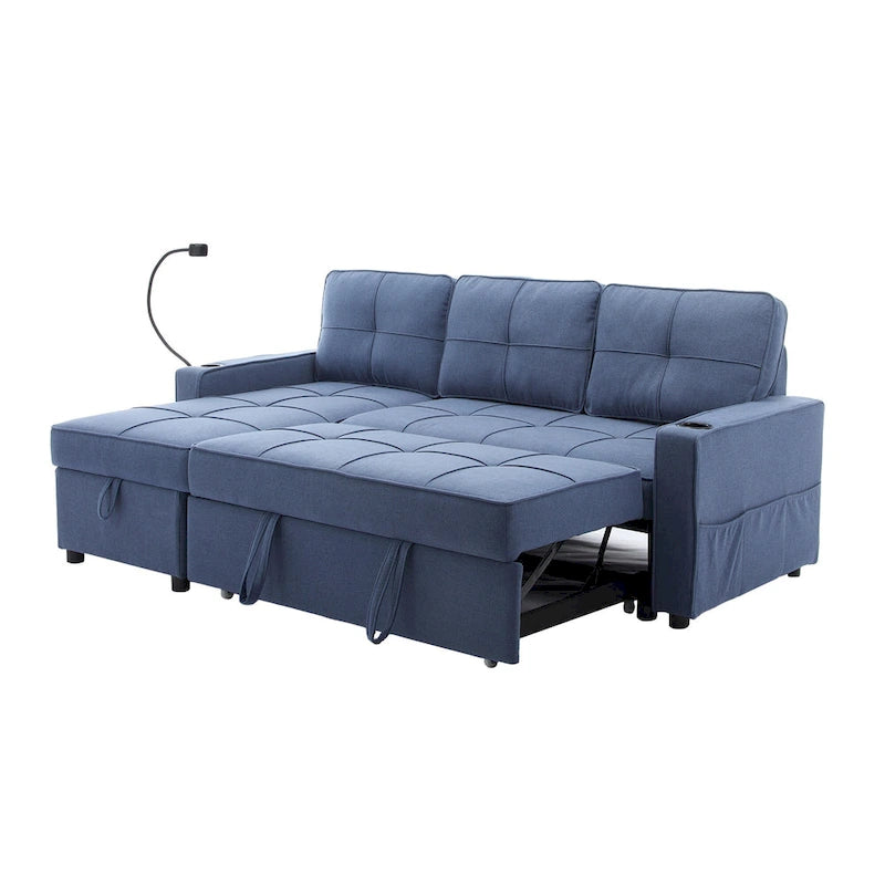 Linen Sleeper Sofa with Push-out Sofa Bed, Extra Storage Space, Phone Holder & USB Charger