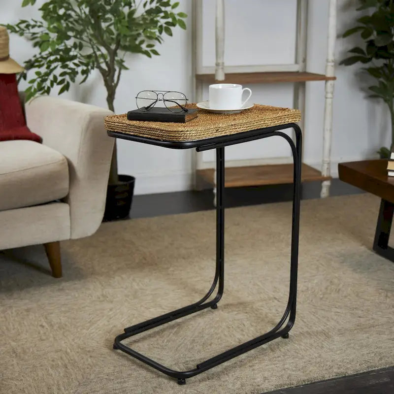 Dried Plant Handmade Coiled C-Shaped Side End Accent Table with Black Metal Legs - Brown