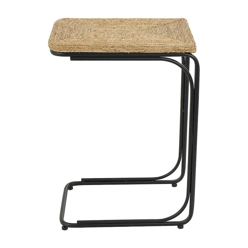 Dried Plant Handmade Coiled C-Shaped Side End Accent Table with Black Metal Legs - Brown